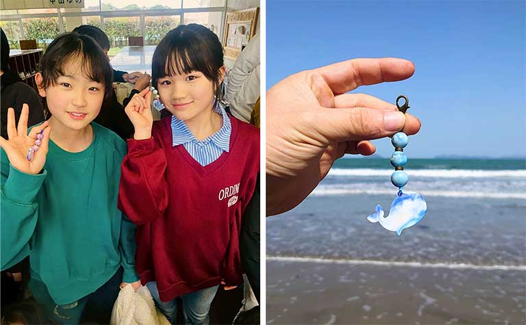 呼子の里海をモチーフにデザインしたクジラのキーホルダー